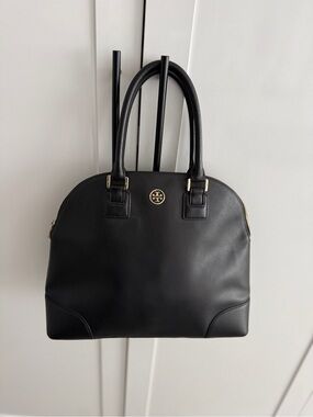 Tory Burch Black Leather Dome Satchel with Gold Logo